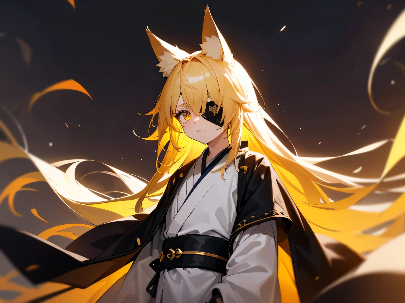 a boy, gradient_eyes, yellow eyes, upturned eyes, slit pupils, eyepatch, Yellow hair, cutting is long hair short with a knife, side swept bangs, wearing blue damaged kimono, fox ears, fox tail, bionic left arm, sad, tears are rolling on is cheeks, crying on the street, weet clothes and hair, high details, high quality, best quality, highres 