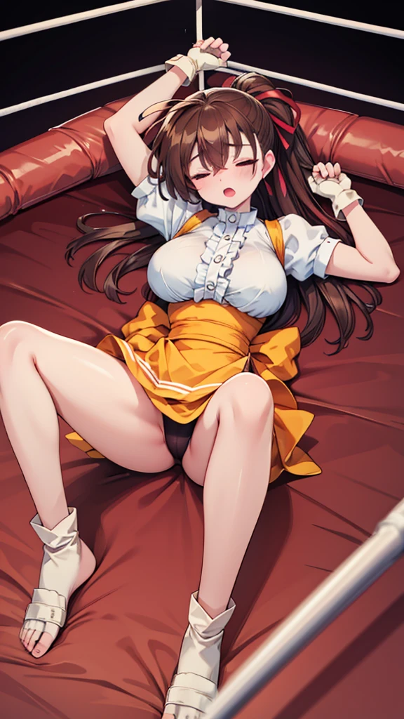 Highest quality，masterpiece，Lying down，sleep，(レスリングのリングにLying down, WWE Divas，Wrestling Arena，Wrestling ring background, Boxing ring background), 仰向けにsleep, Lack of stamina, Ryona, Hitting a girl, death is near，タケユカ 超ロングヘア ヘアribbon, Frilled shirt, Underbust, ribbon, Fingerless gloves, White gloves, Waist apron, Orange Skirt, socks, Toeless legwear，winner, Nice, winner, (Moaning , Open your mouth), ((, 仰向けにsleep, 地面にsleep, lose consciousness, Unconscious, )), , ( Tilt your head),