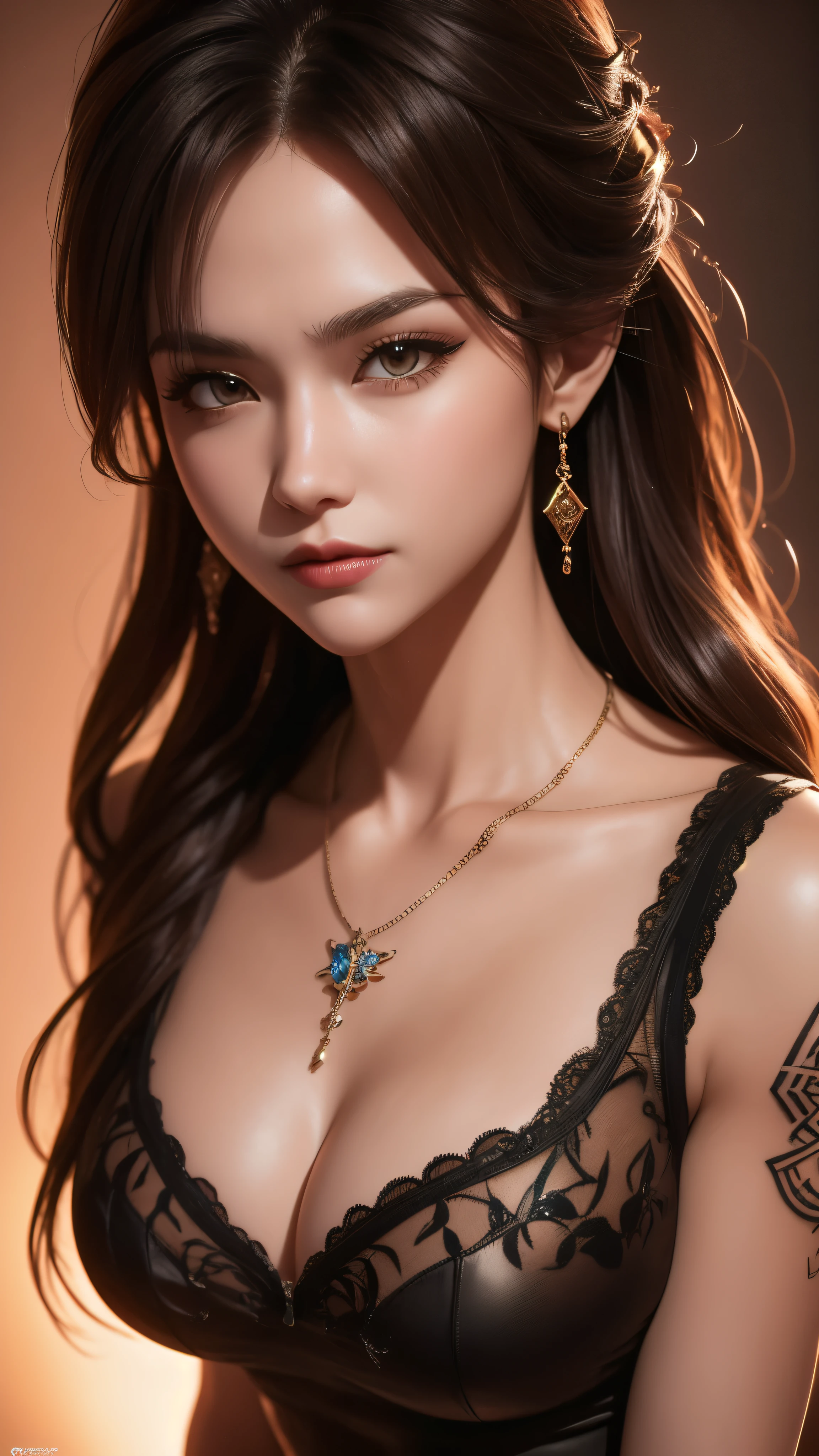 (masterpiece, best quality:1.2), solo, Game Art,Cg animation,Best image quality,Maximum resolution,8k,(A half-length photo),(portrait),(Head close-up),(Rule of Thirds),Unreal Engine 5 rendering works,20 year old girl,((Queen)),The eyes are very detailed,(Large Breasts),Elegance and nobility,Movie Lighting,Ray Tracing,Game CG,((3D Unreal Engine)),OC rendering reflection pattern,4K,Ultra-clear,Translucent lace,Fair and plump figure,Pretty Face,Glossy Gel Coat,The Queen in a luxurious dress,Necklace jewelry,intricate tattoo designs,The tattoo is very delicate,goddess,Large breasts,Steel bracelet on arm,Turn one eye and close one eye