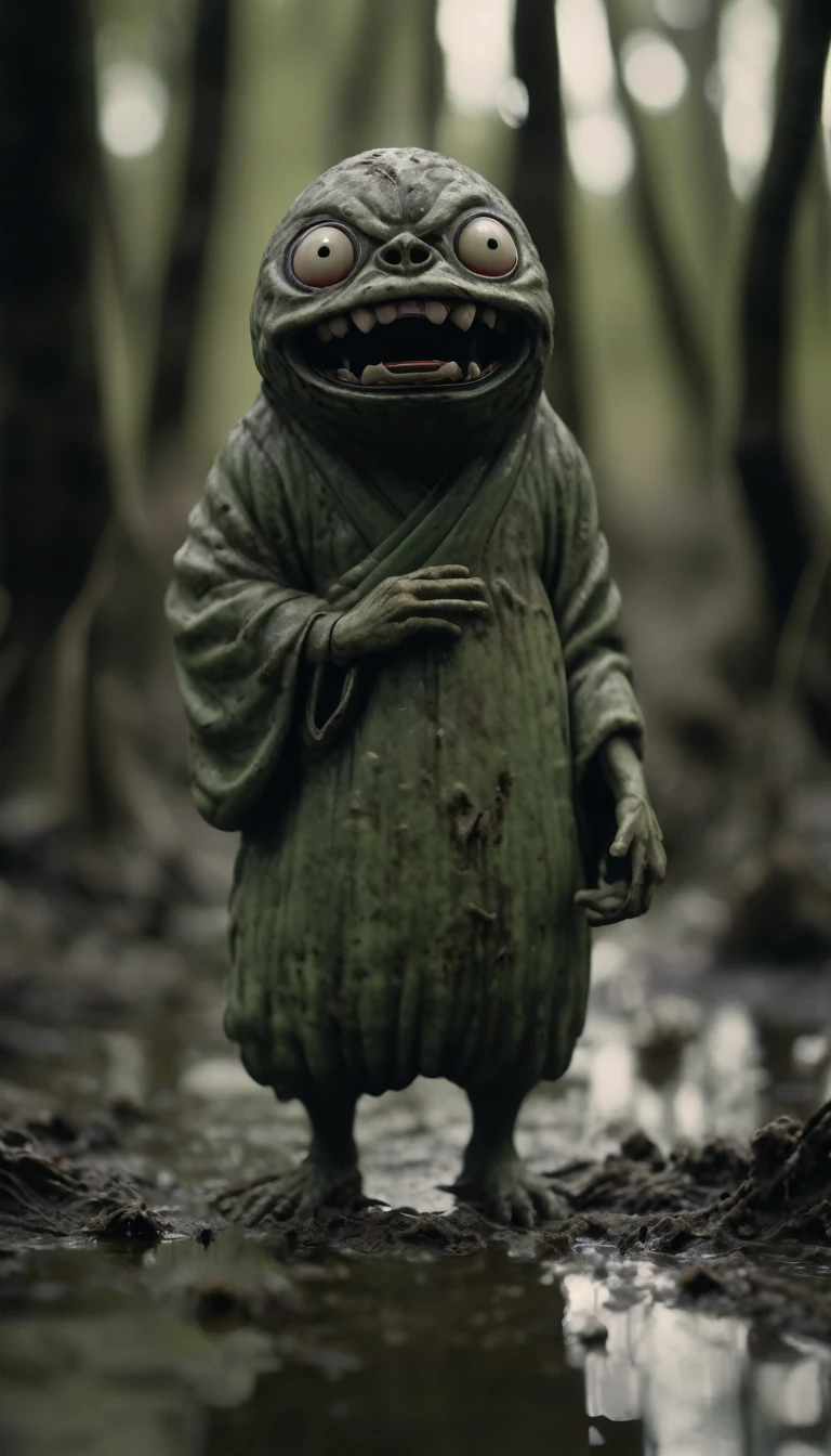 8k,Horror movie photos,Are standing,Japanese Yokai,Kappa,Body green,Shell on the back,The background is a dirty swamp,Shallow depth of field, Vignette, Very detailed, High budget, Bokeh, CinemaScope, Sulky, amazing, nice, Film Grain, Creepy, Anxious, dark, Creepyな, Suspenseful, strict, Very detailed 情報