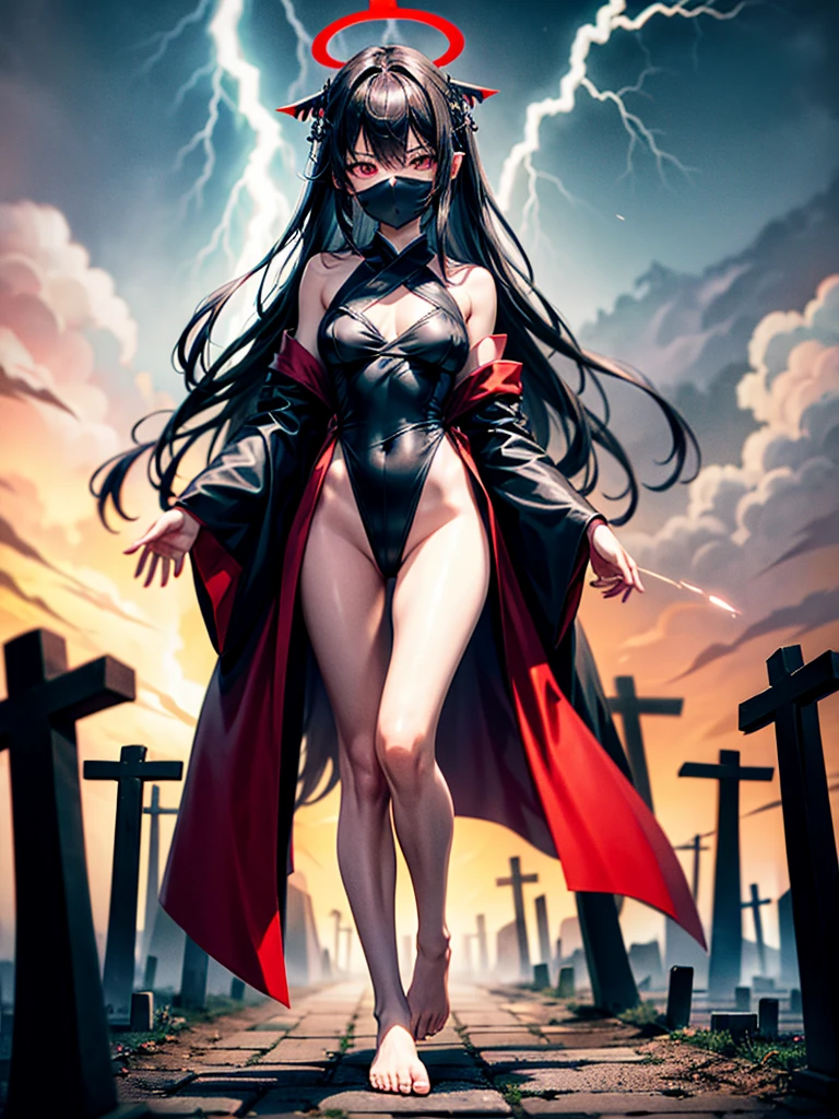 Highest Resolution,Highest quality,A beautiful girl with no expression in a black kimono leotard,Black eyeliner,Black eyebrows,High leg,Floating in the air,Very beautiful red eyes,Black hair semi-long hair,Halo,thunderstorm,Bad weather,Japanese Cemeteries,A road lined with gravestones,1Two Red Torii Gates,Company,Bamboo grove,lightning,Lightning strikes,whole body,up,front,barefoot,barefoot,