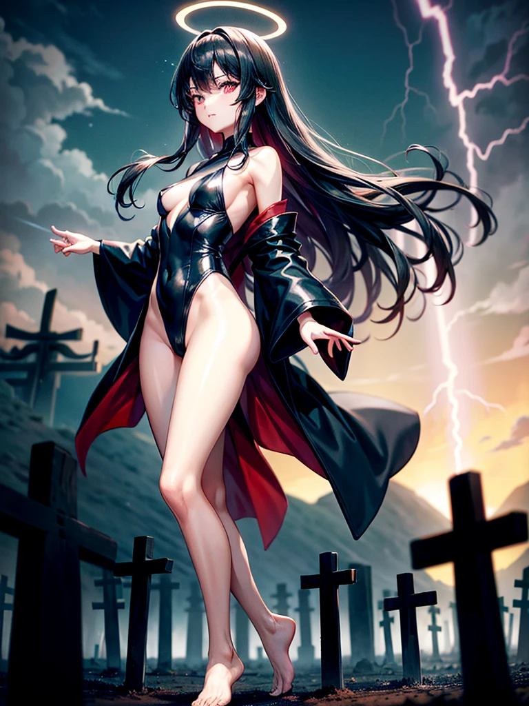 Highest Resolution,Highest quality,A beautiful girl with no expression in a black kimono leotard,Black eyeliner,Black eyebrows,High leg,Floating in the air,Very beautiful red eyes,Black hair semi-long hair,Halo,thunderstorm,Bad weather,Japanese Cemeteries,A road lined with gravestones,1Two Red Torii Gates,Company,Bamboo grove,lightning,Lightning strikes,whole body,up,front,barefoot,barefoot,