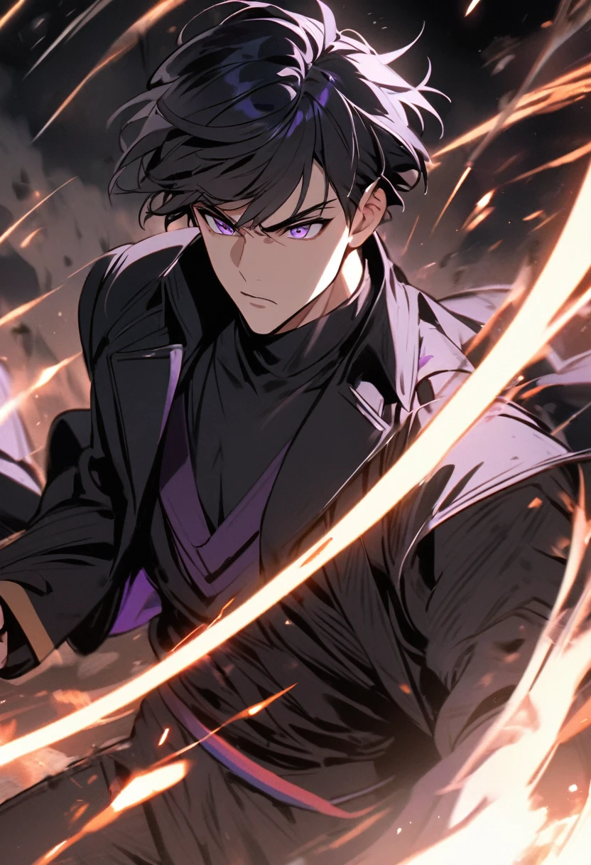 handsome, alone, 1 man, short hair, black hair, purple eyes, black shirt, black coat, Lots of power,fighting