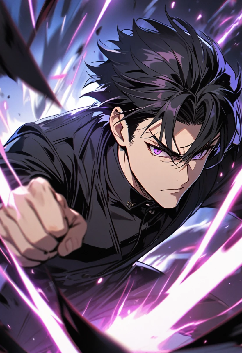 handsome, alone, 1 man, short hair, black hair, purple eyes, black shirt, black coat, Lots of power,fighting