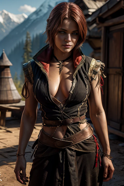 Shani from The Witcher half naked in torn clothes, exposes the body, , chest art 3D realism, super-realism depicted in detail against the backdrop of a bandit camp, wooden fortress