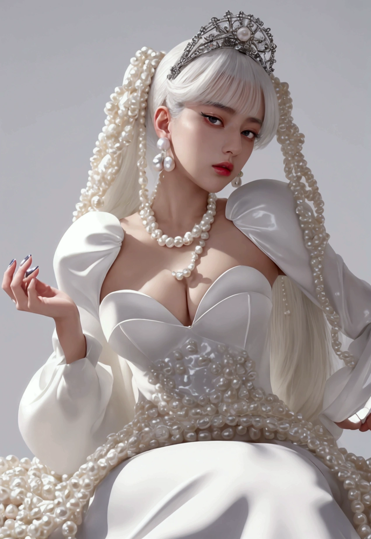 Simple white background, a male teenager, wearing a white shirt, sitting on a huge pearl, a huge white pearl. a fashion design of a pearl dress, a model wearing pearl earrings posing with pearls hair in dress with pearls, fashion design, exaggerate position, futuristic magazine cover, Dynamic movements, exastanding, full-body, solid background, in the style of baroque-punk, multi-layered, chen zhen, high gloss, lady gaga, imitated material, meticulous design —ar 3:4 —niji 6