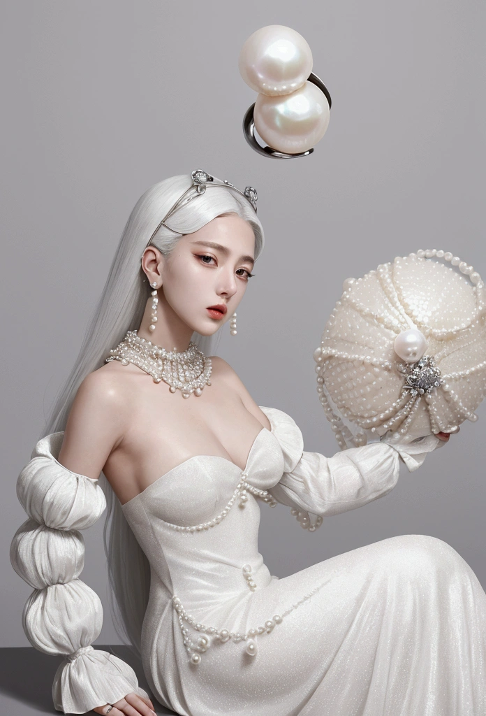 Simple white background, a male teenager, wearing a white shirt, sitting on a huge pearl, a huge white pearl. a fashion design of a pearl dress, a model wearing pearl earrings posing with pearls hair in dress with pearls, fashion design, exaggerate position, futuristic magazine cover, Dynamic movements, exastanding, full-body, solid background, in the style of baroque-punk, multi-layered, chen zhen, high gloss, lady gaga, imitated material, meticulous design —ar 3:4 —niji 6