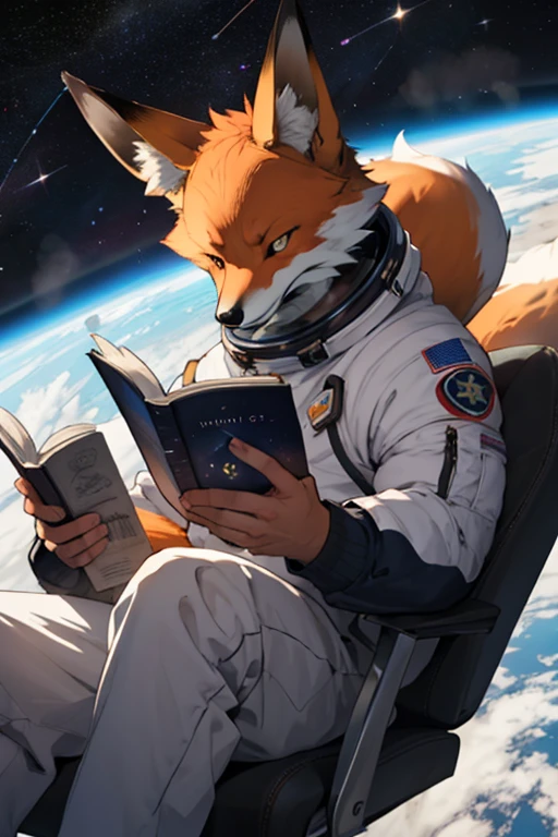 A fox reading in space 
