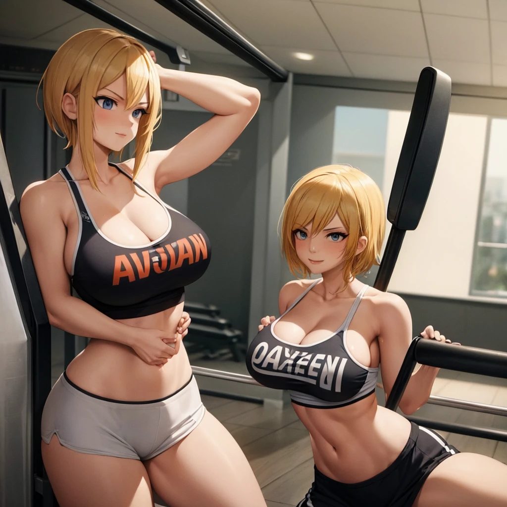 Your influencer character(sexy milf boobs) with short blonde hair dressed in gym cloths working out in the gym by herself lovely expression bright coloring smily face.