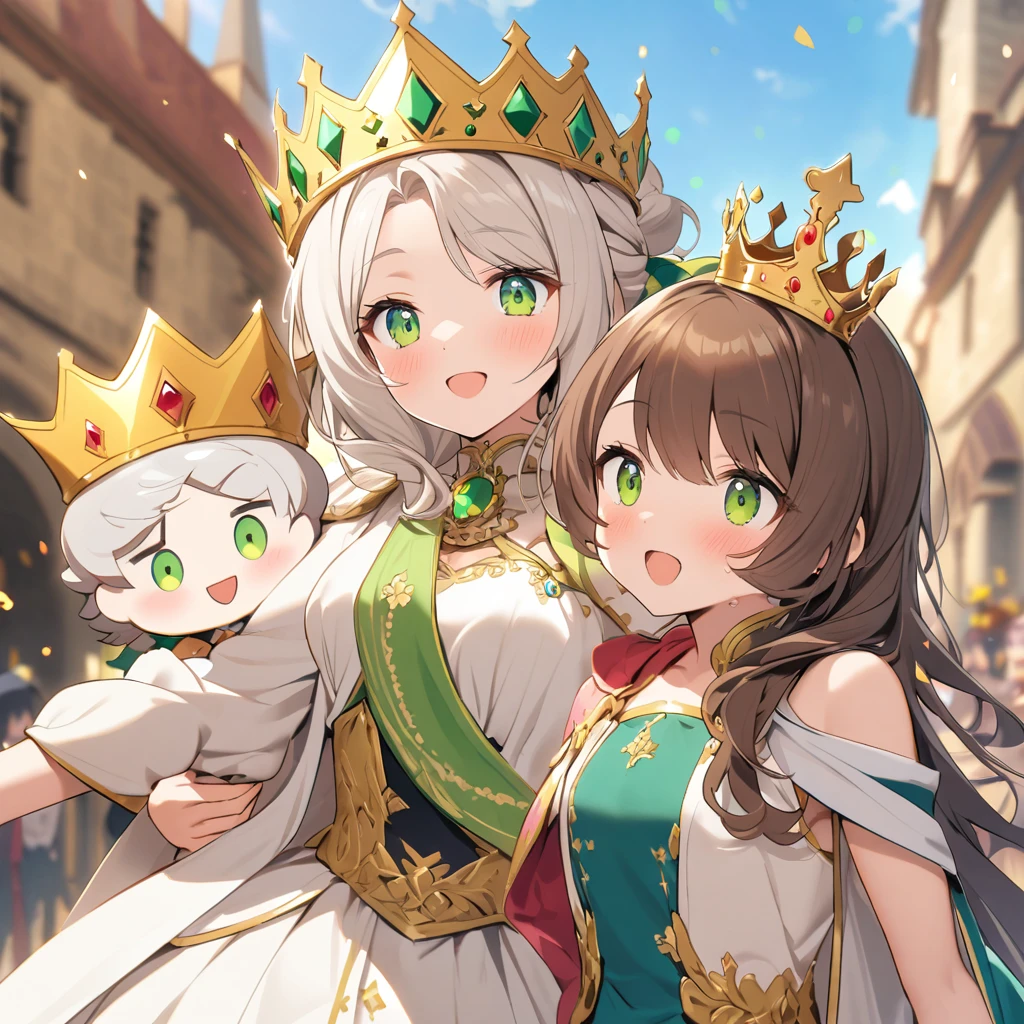 A brown-haired, green-eyed woman in royal clothing and a crown holding a white-haired, green-eyed  with a princess crown on her head 