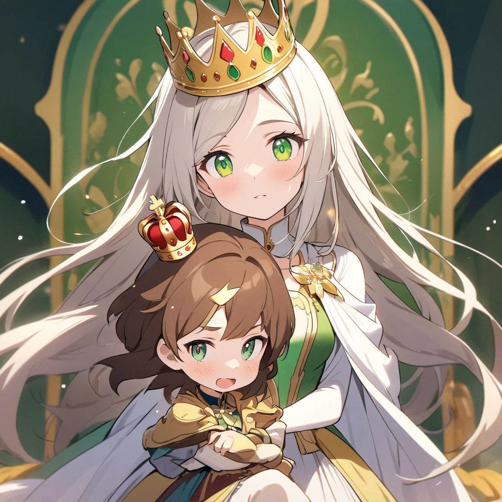 A brown-haired, green-eyed woman in royal clothing and a crown holding a white-haired, green-eyed  with a princess crown on her head 