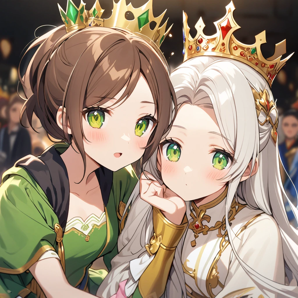 A brown-haired, green-eyed woman in royal clothing and a crown holding a white-haired, green-eyed with a princess crown on her head
