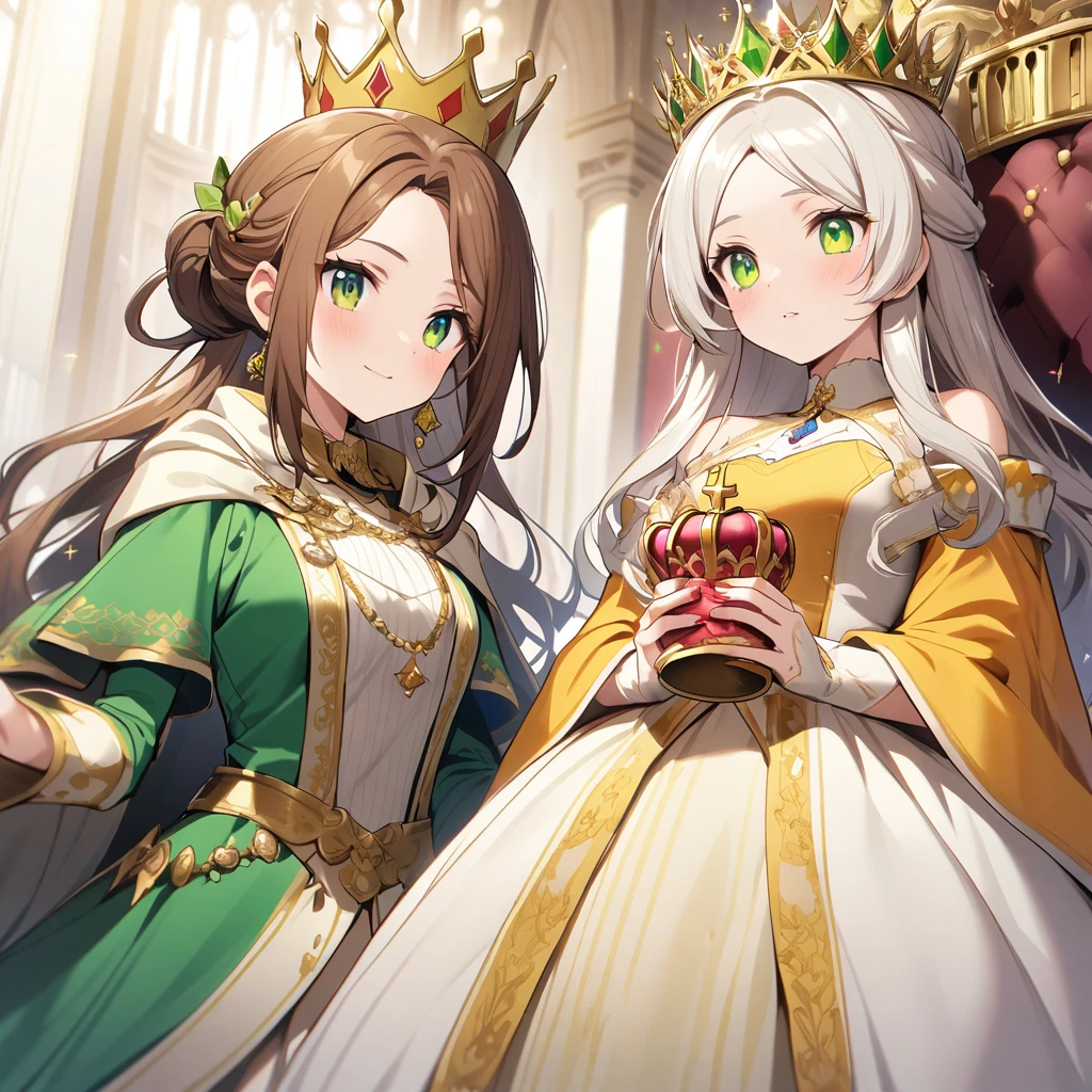 A brown-haired, green-eyed woman in royal clothing and a crown holding a white-haired, green-eyed with a princess crown on her head