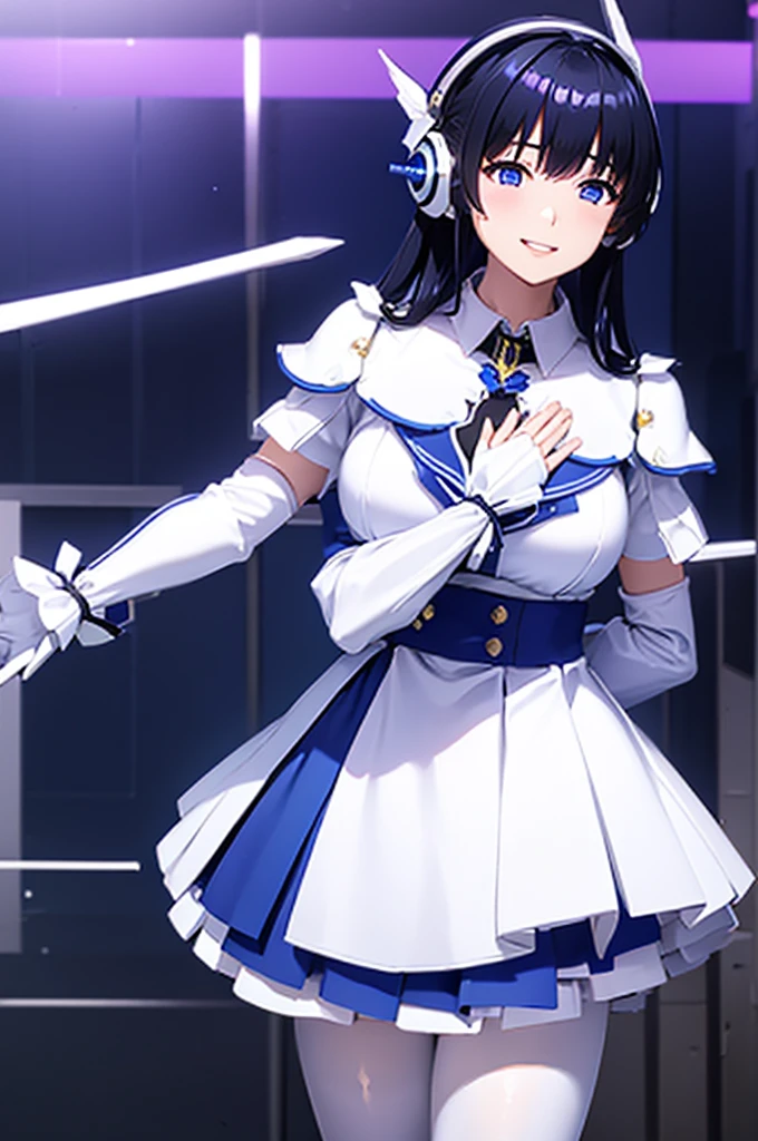 Mecha Wings、White and blue skirt、Accentuated thighs、White tights、chest、Beautiful black hair、1 girl、solo girl、Thick thighs、is、Frame Arms Girl、Alice Gere Aegis、White Armor、Blue and purple lines、income、headphone、hand on own chest、smile