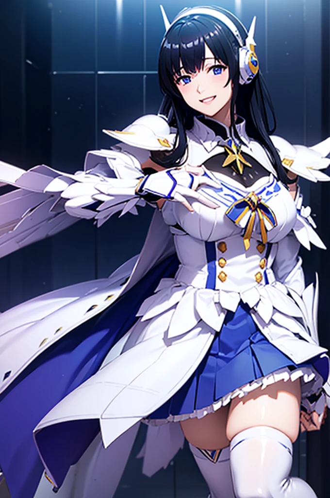 Mecha Wings、White and blue skirt、Accentuated thighs、White tights、chest、Beautiful black hair、1 girl、solo girl、Thick thighs、is、Frame Arms Girl、Alice Gere Aegis、White Armor、Blue and purple lines、income、headphone、hand on own chest、smile