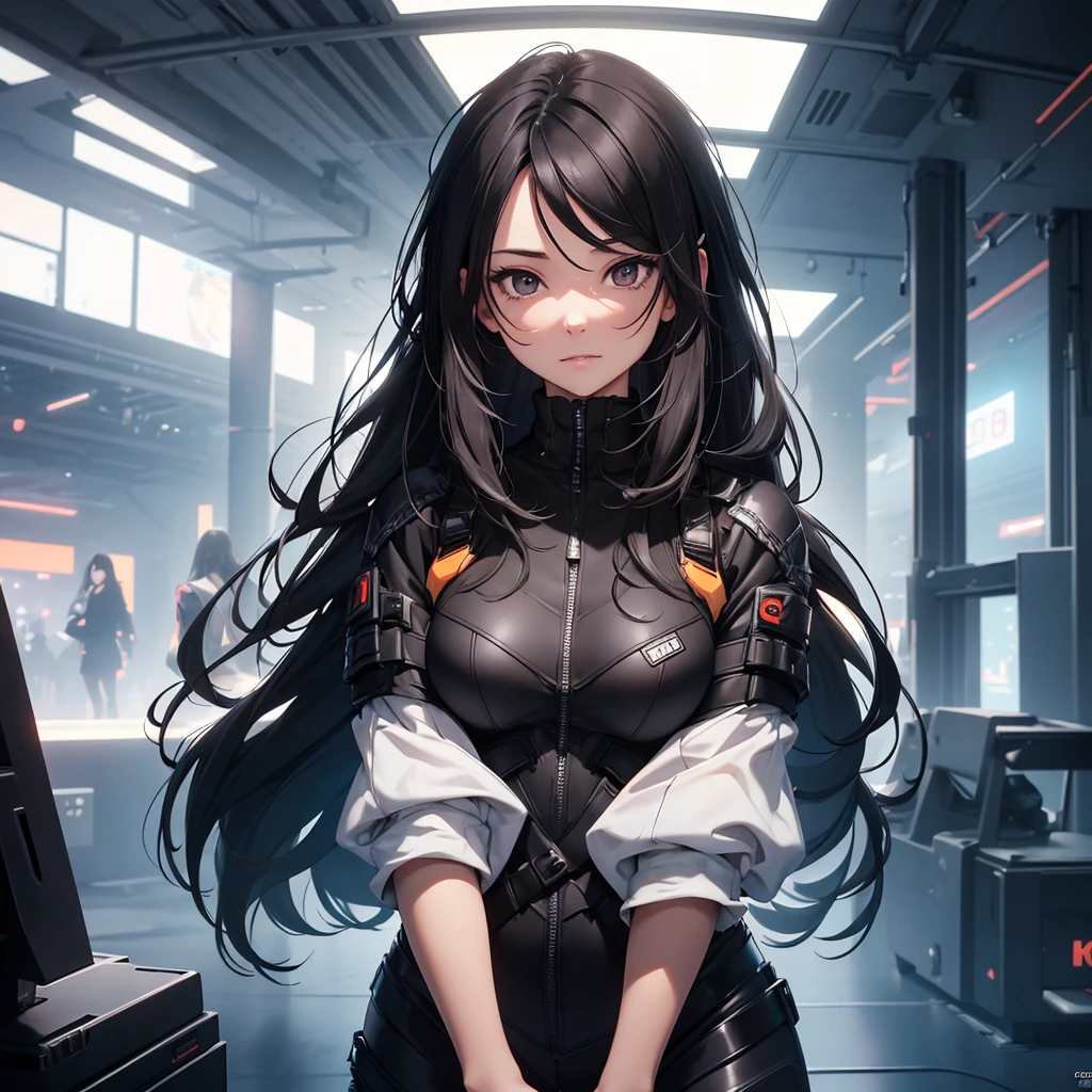 detailed portrait of a young woman, 1girl, looking slightly mischievous, long black hair, brown eyes, futuristic outfit, futuristic background, (best quality,4k,8k,highres,masterpiece:1.2),ultra-detailed,(realistic,photorealistic,photo-realistic:1.37),HDR,UHD,studio lighting,ultra-fine painting,sharp focus,physically-based rendering,extreme detail description,professional,vivid colors,bokeh,concept art