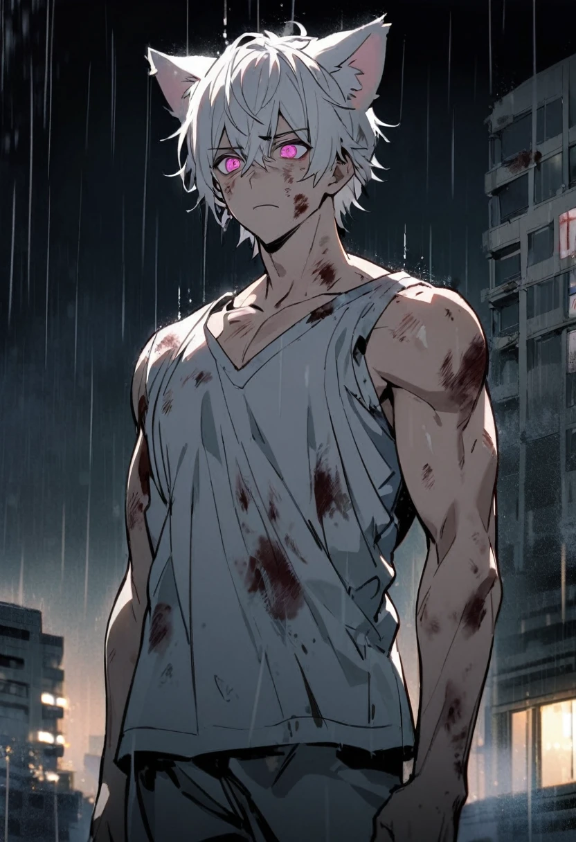 1 men, short white hair, pink eyes, Kitten ears, hospital clothes, slightly muscular body, at night, raining, front view, Top of a destroyed building, bruised and bloody body, blank facial expression, front view