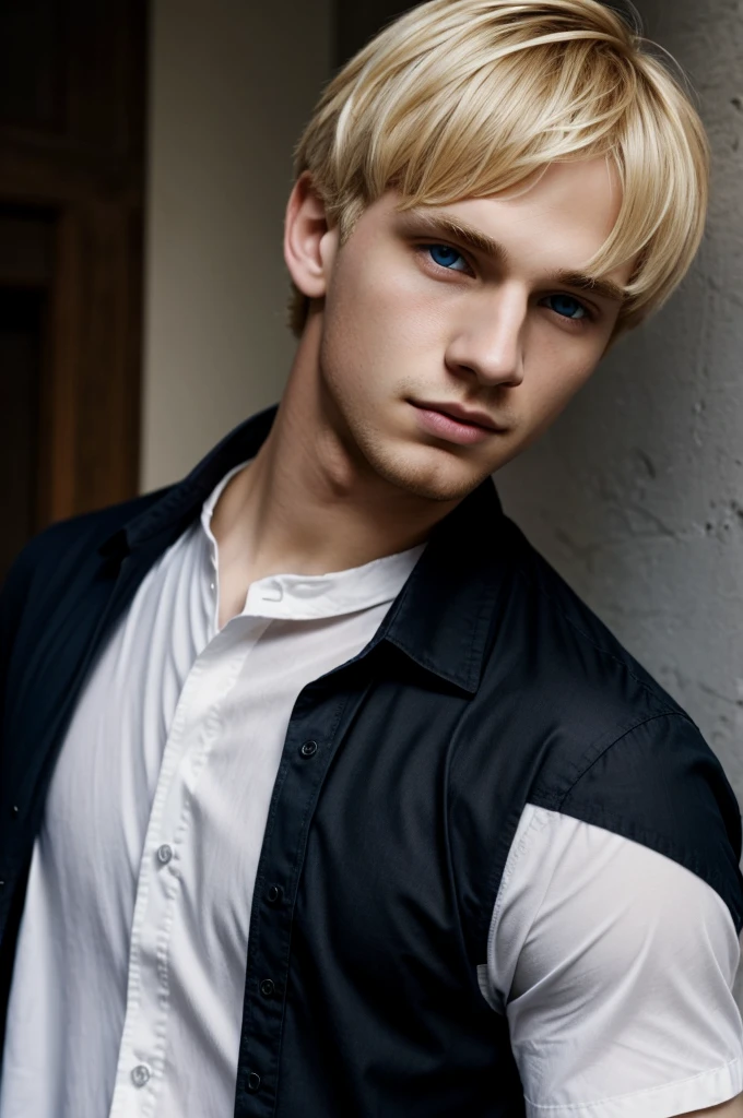 boy with blonde hair, pale white skin, dark navy blue eyes, nose and lip piercing, black shirt