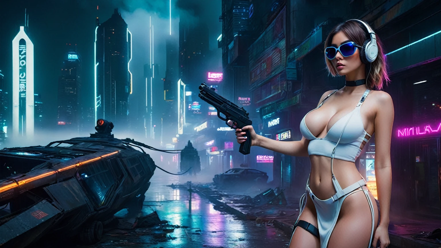 dark futuristic landscape, at night, neon lights, Atmospheric fog, large buildings in the background, futuristic city, streets with open shops, skyscraper (postapocalyptic city:1.3). (((1girl, solo, alone))), large-breast:1.2 slim body, cleavage:1.1, sexy miniskirt, (((headphone, black sunglasses, standing and holding pistol pose))), (((half-body thigh level medium shot))), cinematic lighting, lens flare, ray tracing.
