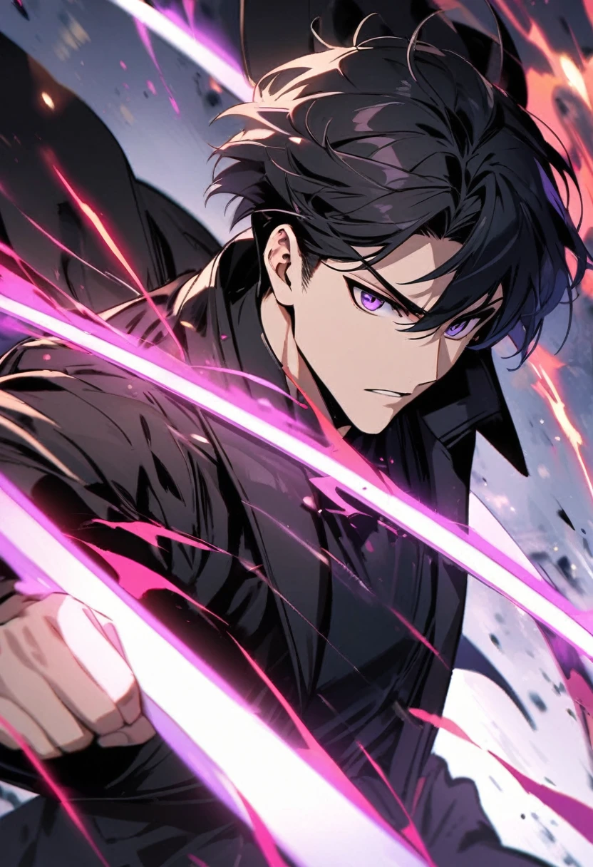 handsome, alone, 1 man, short hair, black hair, purple eyes, black shirt, black coat, Lots of power,fighting with sword