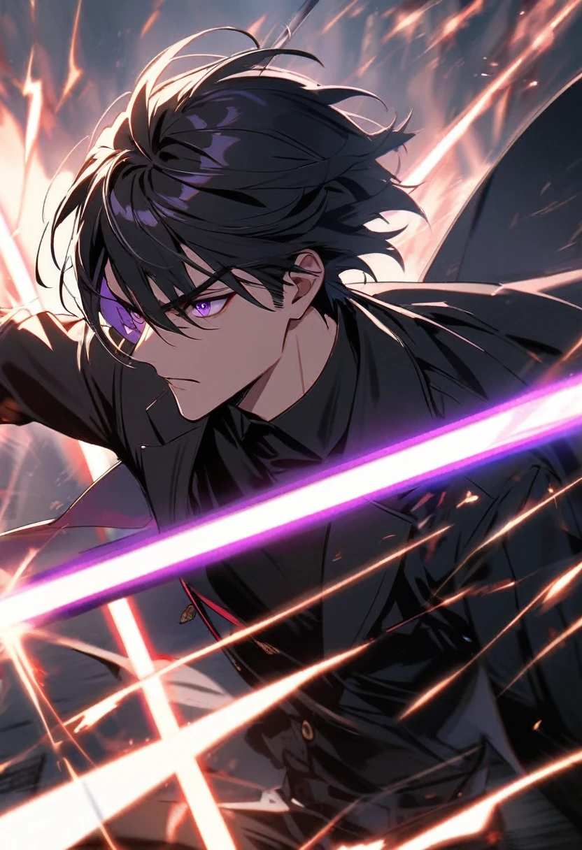 handsome, alone, 1 man, short hair, black hair, purple eyes, black shirt, black coat, Lots of power,fighting with sword