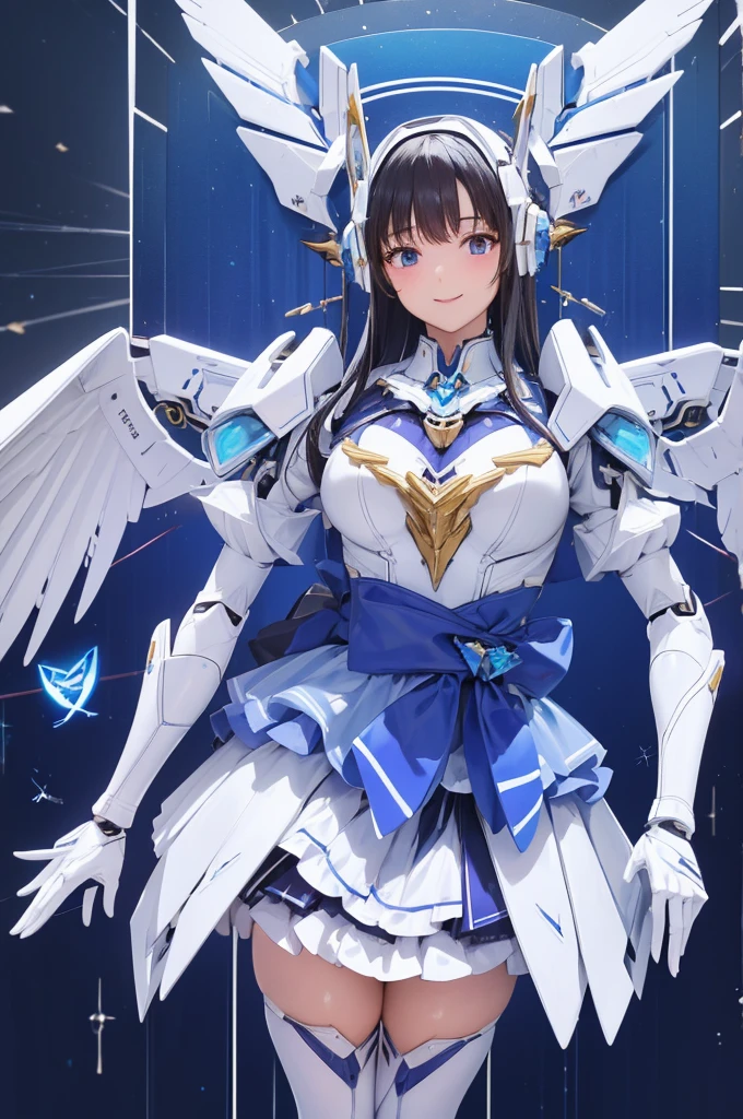 Mecha Wings、White and blue skirt、Accentuated thighs、White tights、chest、Beautiful black hair、1 girl、solo girl、Thick thighs、is、Frame Arms Girl、Alice Gere Aegis、White Armor、Blue and purple lines、income、headphone、hand on own chest、smile