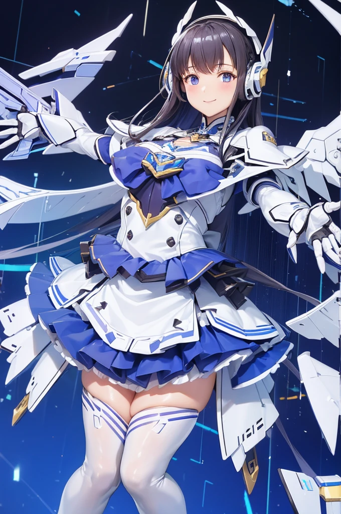 Mecha Wings、White and blue skirt、Accentuated thighs、White tights、chest、Beautiful black hair、1 girl、solo girl、Thick thighs、is、Frame Arms Girl、Alice Gere Aegis、White Armor、Blue and purple lines、income、headphone、hand on own chest、smile