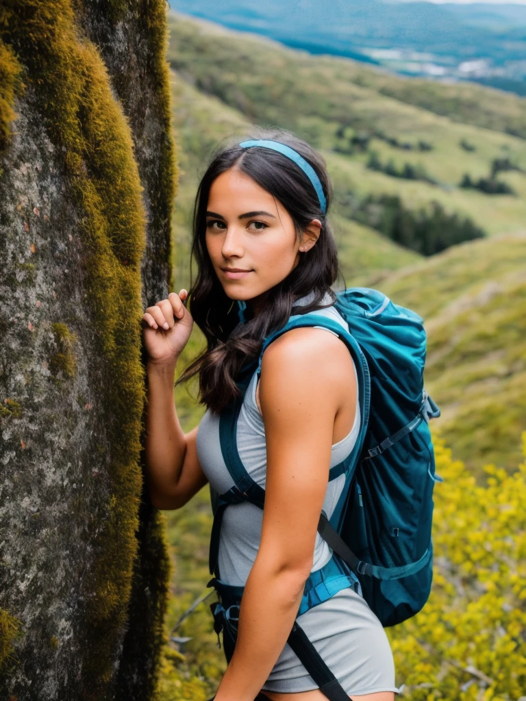 RAW photo, 1girl, a (portrait:1.2) of full body a cute woman as a hiker on the top of a hill, (high detailed skin:1.2), 8k uhd, dslr, soft lighting, high quality, film grain, Fujifilm XT3
