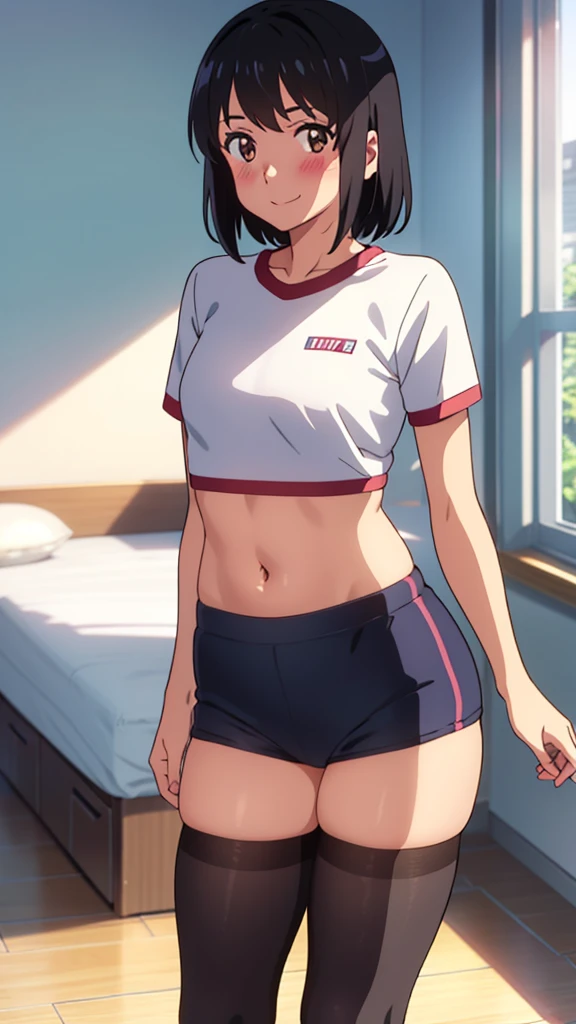 shinkai makoto, kimi no na wa., 1girl, bangs, black hair, blush, brown eyes, looking at the viewer, gym uniform, crop top, buruma, exposed navel, bare shoulders, short hair, solo, indoors, bedroom, shinny skin, smile, cute, black thighhighs, (masterpiece), best quality