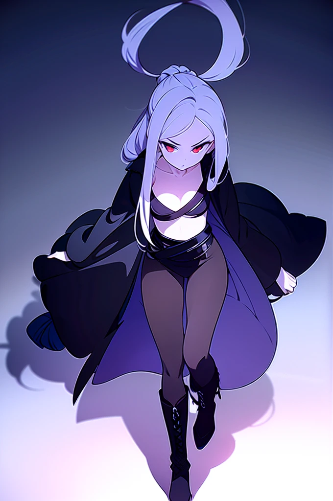 Girl, 20 years old, with long white hair down to below her waist, a serious yet tender expression, and red eyes. Her hair features black streaks. She wears antique-style clothing, a long black dress with a slit on the legs, and high black boots that almost reach her knees. Her power and background are related to shadows and darkness.