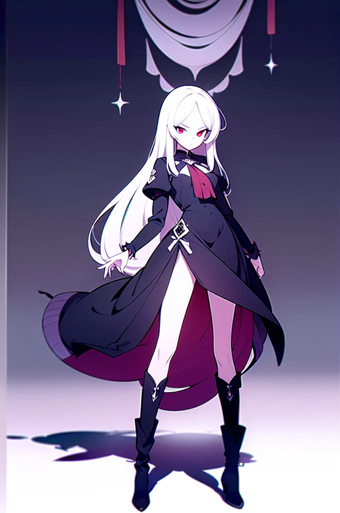 Girl, 20 years old, with long white hair down to below her waist, a serious yet tender expression, and red eyes. Her hair features black streaks. She wears antique-style clothing, a long black dress with a slit on the legs, and high black boots that almost reach her knees. Her power and background are related to shadows and darkness.