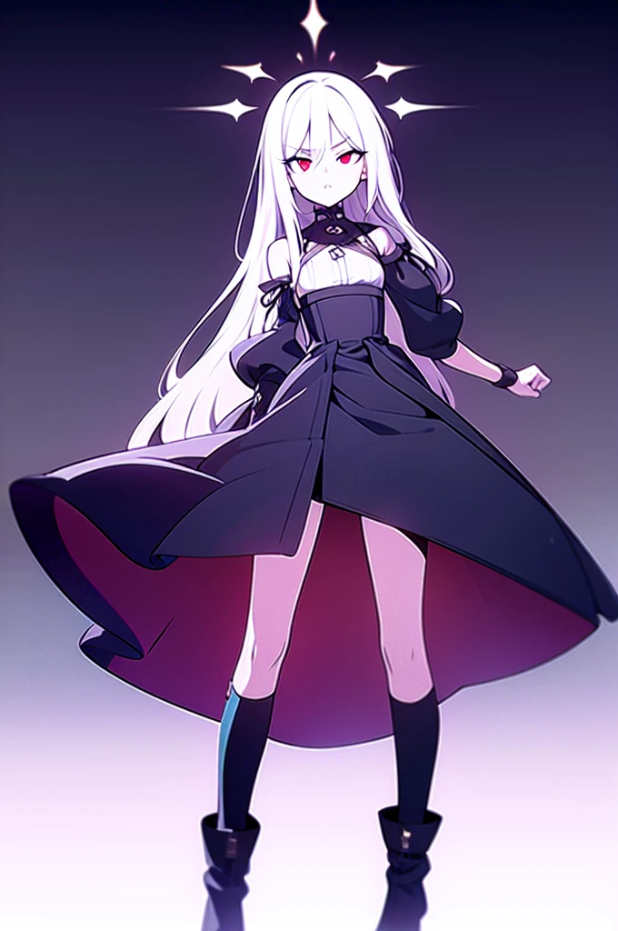 Girl, 20 years old, with long white hair down to below her waist, a serious yet tender expression, and red eyes. Her hair features black streaks. She wears antique-style clothing, a long black dress with a slit on the legs, and high black boots that almost reach her knees. Her power and background are related to shadows and darkness.