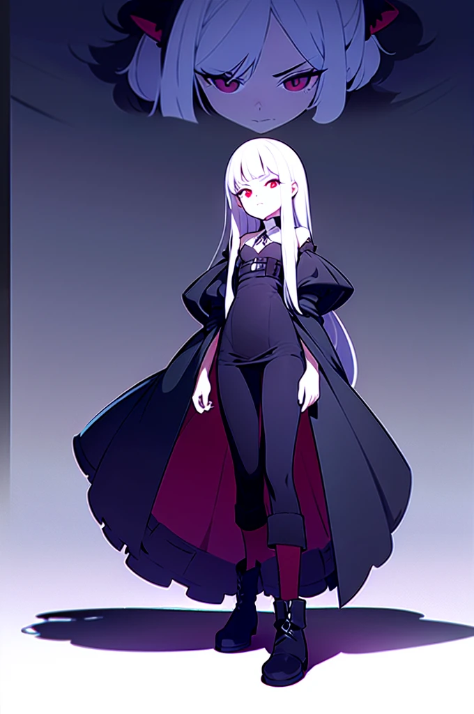 Girl, 20 years old, with long white hair down to below her waist, a serious yet tender expression, and red eyes. Her hair features black streaks. She wears antique-style clothing, a long black dress with a slit on the legs, and high black boots that almost reach her knees. Her power and background are related to shadows and darkness.