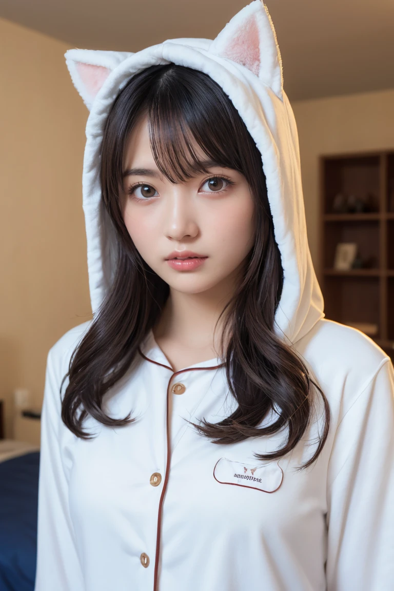 one girl, (a beauty girl, delicate girl:1.3), (Age 25:1.3),
break, (White fluffy kigurumi pajamas, Cat costume:1.2), (Upper Body:1.2),
break, Definition of very fine particles, (Symmetrical eyes:1.3),
break, (Bedroom:1.3),
break, Small breasts, Brown eyes, Parted bangs, Brown Hair, girl,
break, (Eye and facial details:1.0),
break, (masterpiece, Highest quality, Very detailed, Detailed face, 8k)、Upper Bodyは裸、Nipples sticking out、 (Upper Bodyは裸)、 (Nipples sticking out)