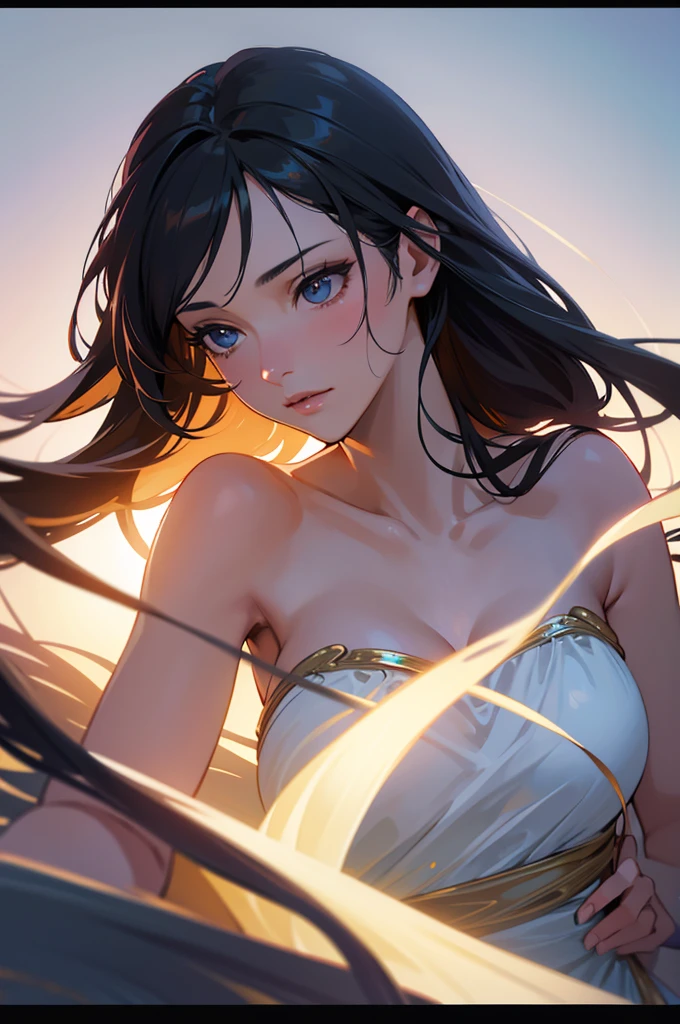 a sensual woman floating mid-air, delicate facial features, long flowing hair, graceful pose, glowing ethereal skin, shimmering sheer dress, dramatic chiaroscuro lighting, cinematic dramatic atmosphere, elegant fantasy art style, vibrant colors, cinematic lighting, photorealistic, (best quality,4k,8k,highres,masterpiece:1.2),ultra-detailed,(realistic,photorealistic,photo-realistic:1.37)