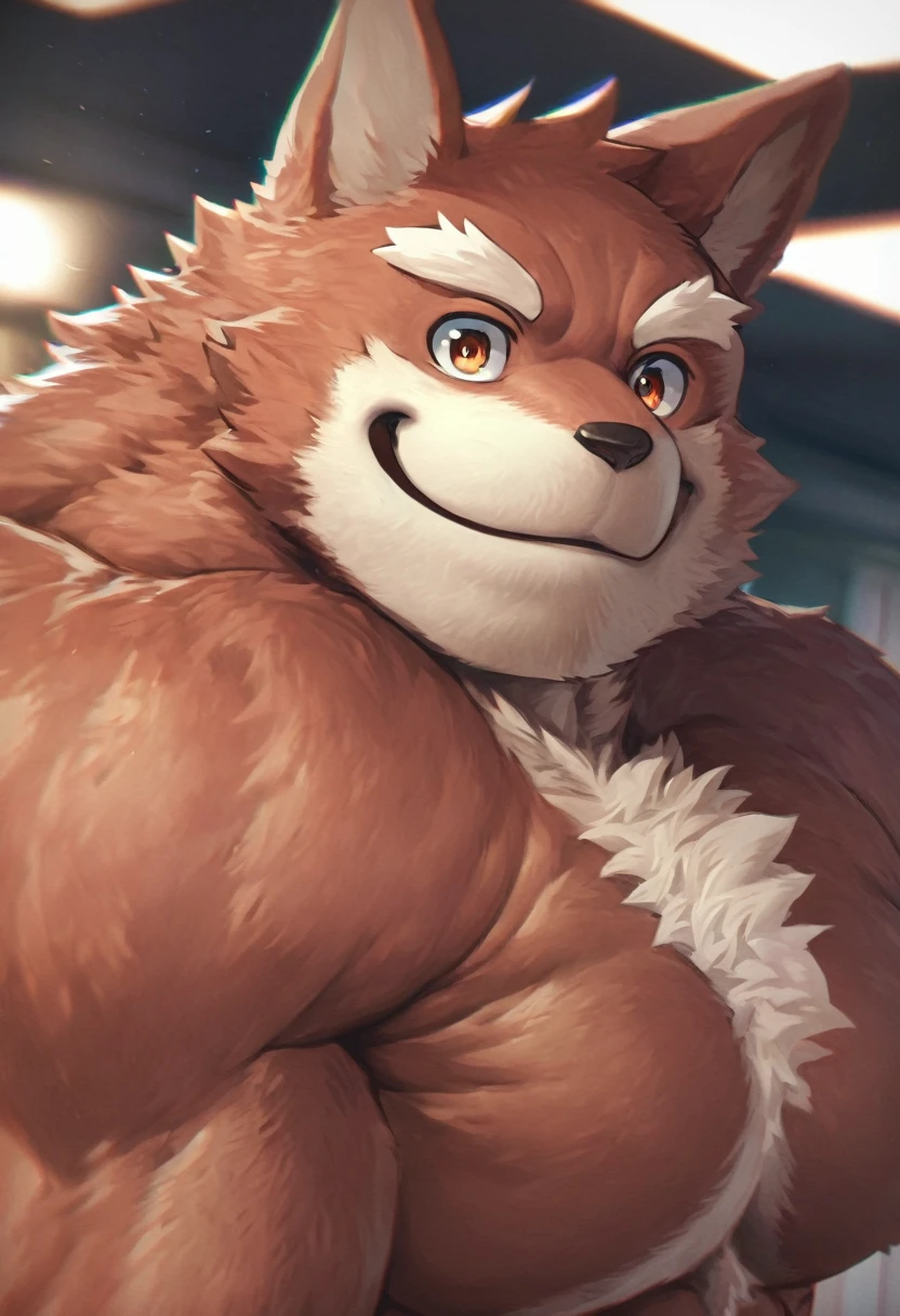 front page, high resolution, Superior quality, Best Quality, paid reward available, incomparable masterpiece, perfect work of art, absurdities, High quality illustrations, absurdities, perfect anatomy(good 1 guy, kemono, Muscle man)(furry, furry anthro:1.7)(cuerpo furry, Animal facial features, Characteristics of the animal body)(highly detailed body fur)SMILE, portrait, cinematic lighting,