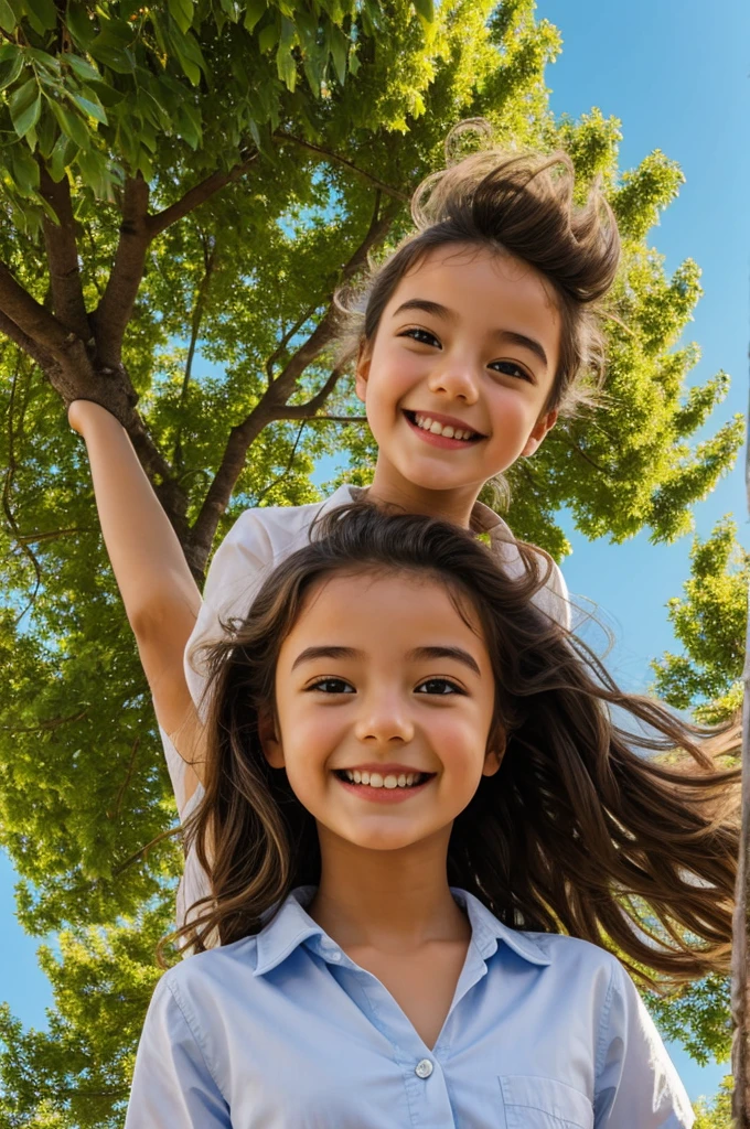 Une fille mignonne avec un beau sourire sous un beau ciel et un beau soleil un grand arbre