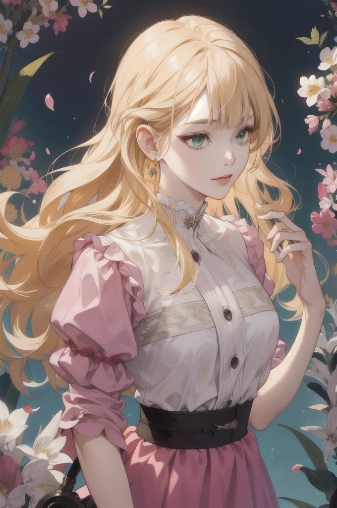 (absurdres, highres, ultra detailed), 1girl, mature female, wavy blonde hair, long hair, blunt bangs, green eyes, pink dress, finely detailed eyes and detailed face, extremely detailed CG unity 8k wallpaper, intricate details, BREAK , kaleidoscopic imagery, symmetrical patterns, vibrant colors, geometric shapes, mesmerizing designs, optical illusions, dynamic composition BREAK , pantomime art, expressive body language, silent storytelling, evocative gestures, visual narratives, theatrical performances BREAK , blooming flowers, colorful petals, fragrant scents, nature's bounty, vibrant gardens, peaceful scenery