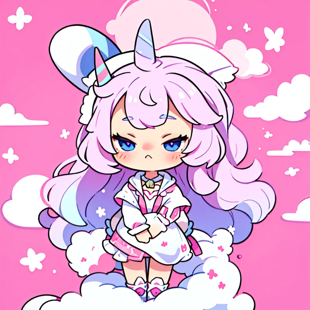 a unicorn with a white body and a small pink mane with just one horn right in the middle of its head and cute