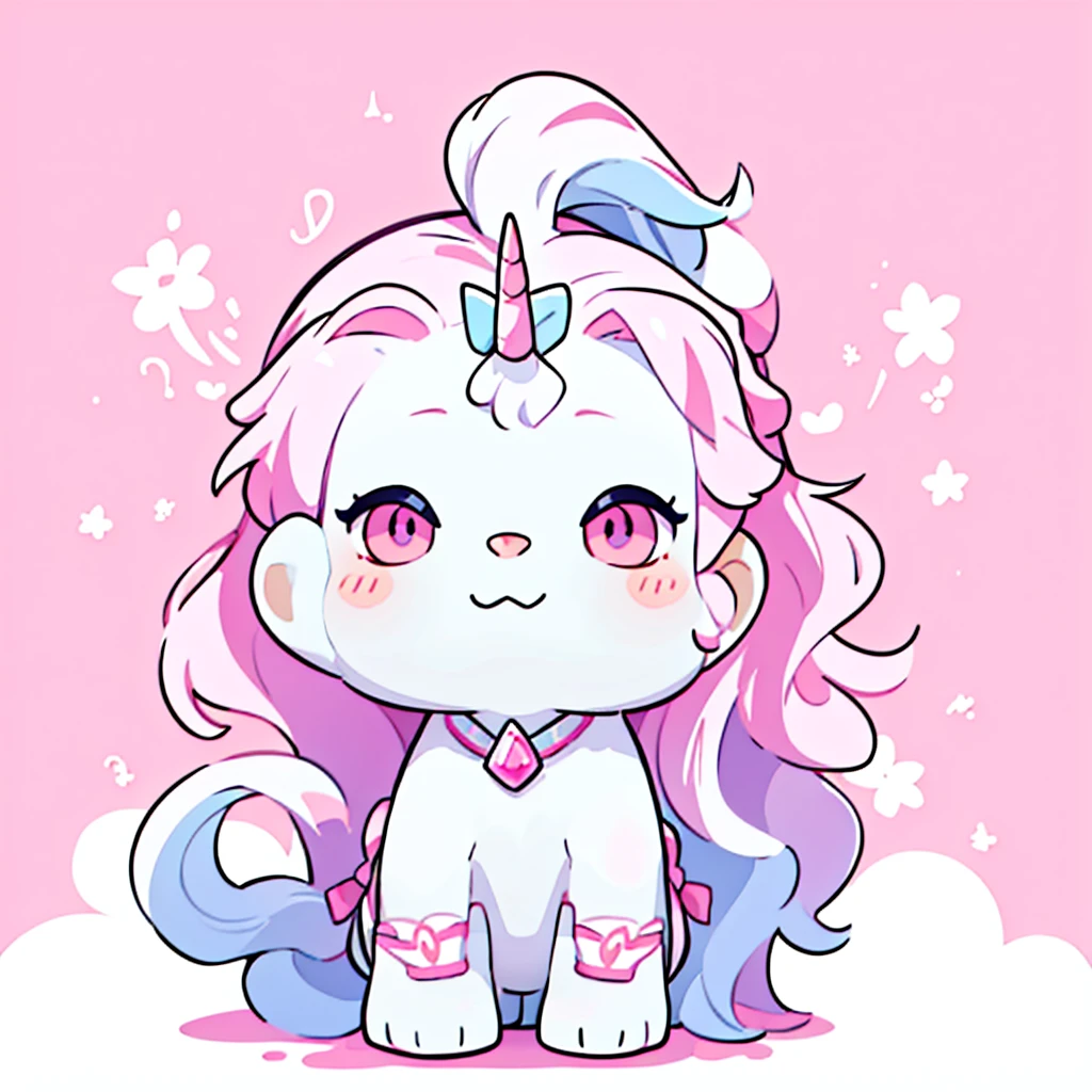 a unicorn with a white body and a small pink mane with just one horn right in the middle of its head and cute