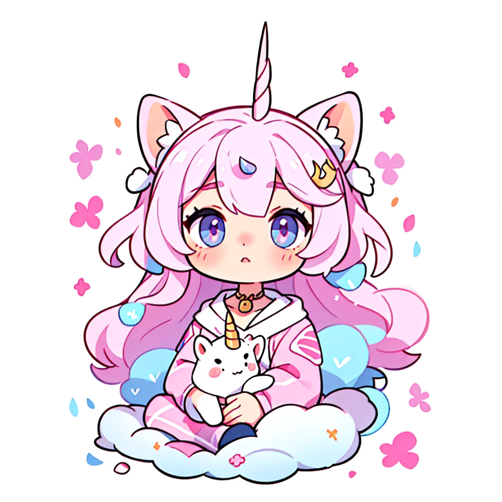 a unicorn with a white body and a small pink mane with just one horn right in the middle of its head and cute