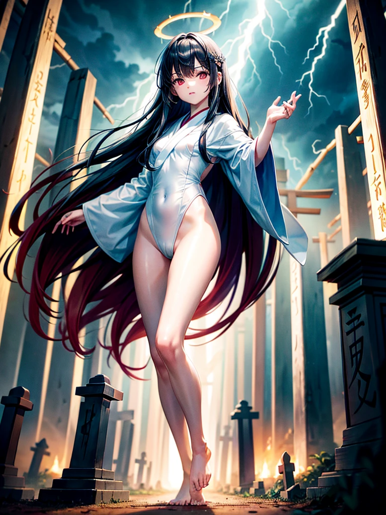 Highest Resolution,Highest quality,A beautiful girl with no expression in a white kimono leotard,Black eyeliner,Black eyebrows,High leg,Floating in the air,Very beautiful red eyes,Black hair semi-long hair,Halo,thunderstorm,Bad weather,Japanese Cemeteries,A road lined with gravestones,1Two Red Torii Gates,Company,Bamboo grove,lightning,Lightning strikes,whole body,up,front,barefoot,barefoot,