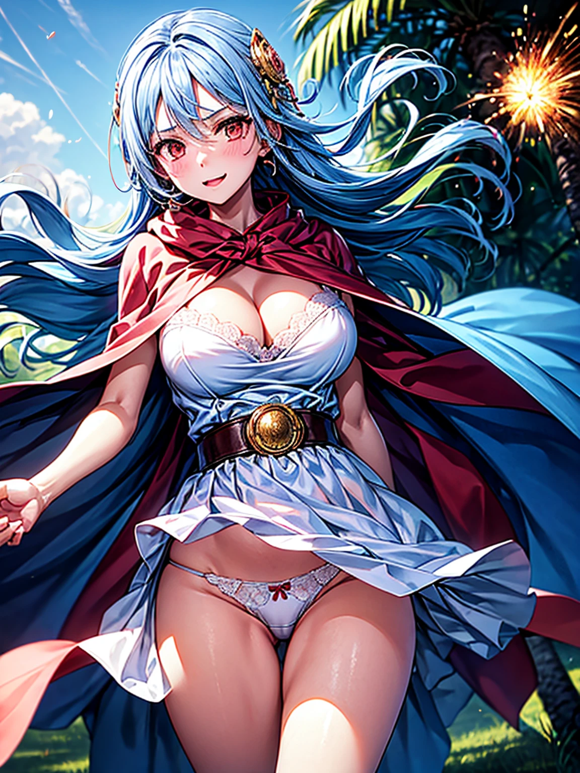 (A woman is shooting fireballs from the palm of her hand, Cast a spell, Windでスカートがめくれている, White panties with red ribbon:1:3), Beautiful Anime Woman, Beautiful art style, Anime characters, ((Smooth texture, Realistic texture, Anime CG Style)), ((Highest quality)), (Very detailed), (Very detailed CG 統合 8k 壁紙), Very detailed, High-resolution RAW color photos, Professional photography, masterpiece, Highest quality, Beautiful and big breasts, Slender body, (Stunningly beautiful woman), (Detailed face:1.2), (Blue Hair, White Dress, Red eyes, Circlet, Cleavage, Blue Cape), Outdoor, nature, Wind, Perfect lighting, Perfect Shadow, Exact number of arms, Exact number of legs, Perfect Anatomy, Exact finger count、Exact number of legs、(Exact number of arms:1.0, Exact number of hands:1.0), (Perfect hands, Perfect Anatomy), (Rin々A cute smile), Angle from the front, Dragon Quest