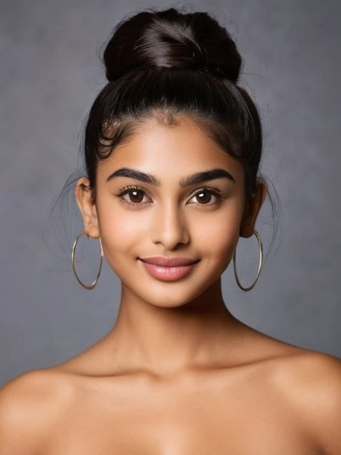 Maya is 18 year old indian girl. Maya stands tall at 70 inches (178 cm) and weighs 180 pounds (82 kg). Her chest measures 44 inches (112 cm), waist 38 inches (97 cm), and hips 46 inches (117 cm). She has intense hazel eyes that reflect her strong spirit, framed by thick, naturally arched eyebrows. Her broad and prominent nose adds to her distinctive look. Maya's full, expressive lips often wear a confident smile. Her medium-sized ears are adorned with simple earrings. Her thick, wavy, dark brown hair is often styled in a loose bun. Her deep tan skin tone gives her a powerful presence. Maya's tall and robust build commands attention, and her warm smile makes her approachable and friendly , around with people