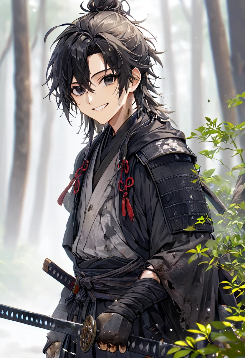 Ronin, Dirty, Boy, Two sword, black eyes, black samurai long unkempt hair, ragged body, gray- white Torn clothes, Smile, nature background.