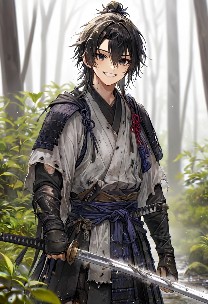 Ronin, Dirty, Boy, Two sword, black eyes, black samurai long unkempt hair, ragged body, gray- white Torn clothes, Smile, nature background.
