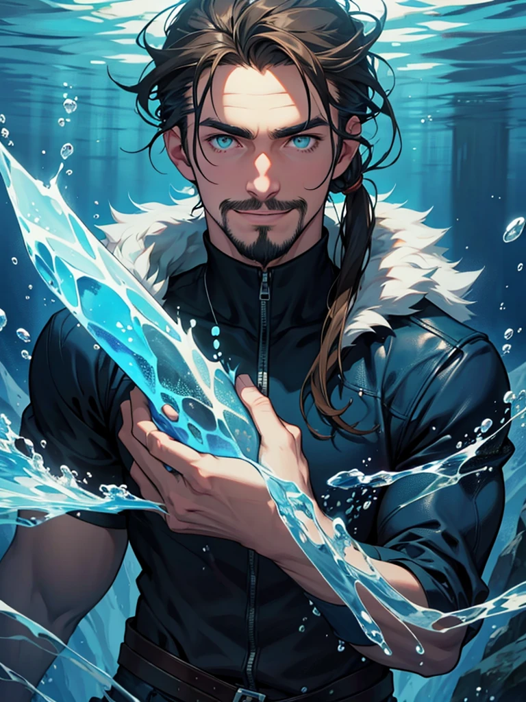 Character portrait. Dark blues colors. In the deep sea frozen waters, a boy is underwater. It is very dark, there is almost no light. He has brown hair held in a manbun, a short mustache and goatee, a very hooked nose and green eyes. His face is gentle with angular bone structure and he's smiling gently. he wears fur and leather clothe. He wields water and ice magic around him.