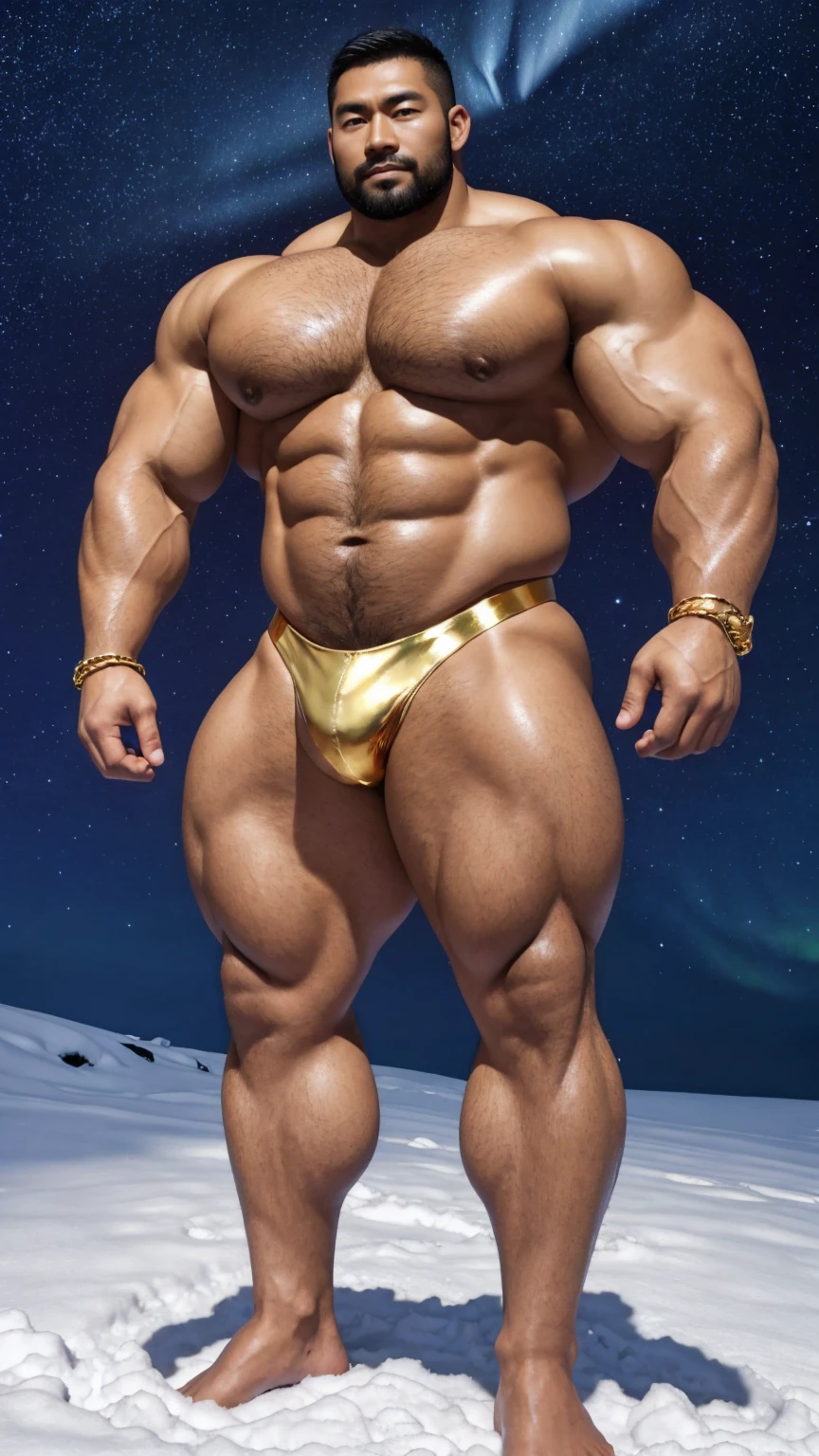 There is only one handsome Chinese man in the photo,35 years old,tall, Fitness,Smooth body,Smooth skin,No chest hair,short hair, O-Shaped Beard,Perfect body, Dark skin color,Radiant Skin,Smooth skin,Shiny, shiny skin,Smooth pectoral muscles,Muscle bulge, muscular, Very large pectoral muscles,Very sexy abdominal muscles,Very well-developed leg muscles,Huge concave and convex area,Brightens oily skin,Wearing a shiny gold leather thong,Handsome face,Normal human toes,Correct and accurate male body proportions,Gold Collar,Gold bracelet,Gold anklets,Standing in the snow,Night sky,A sky full of stars,There are auroras,Colorful,Charming dream scene,Epic。
