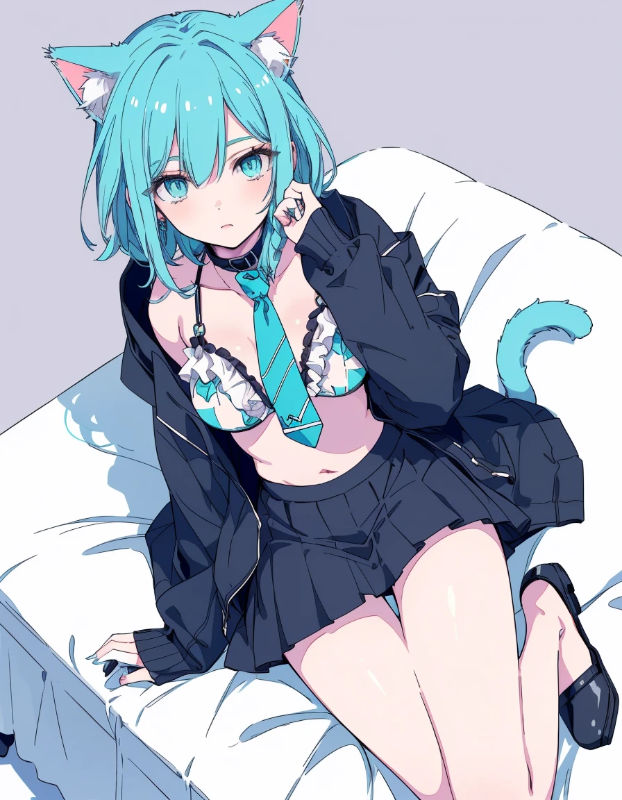 pawpads, bikini, skirt, full body, ((masterpiece, best quality:1.5)), ((Beautiful detailed cat aqua eyes:1.2)), cat ears, pale skin, medium breasts, beautiful hands, beautiful fingers, EasyNegative