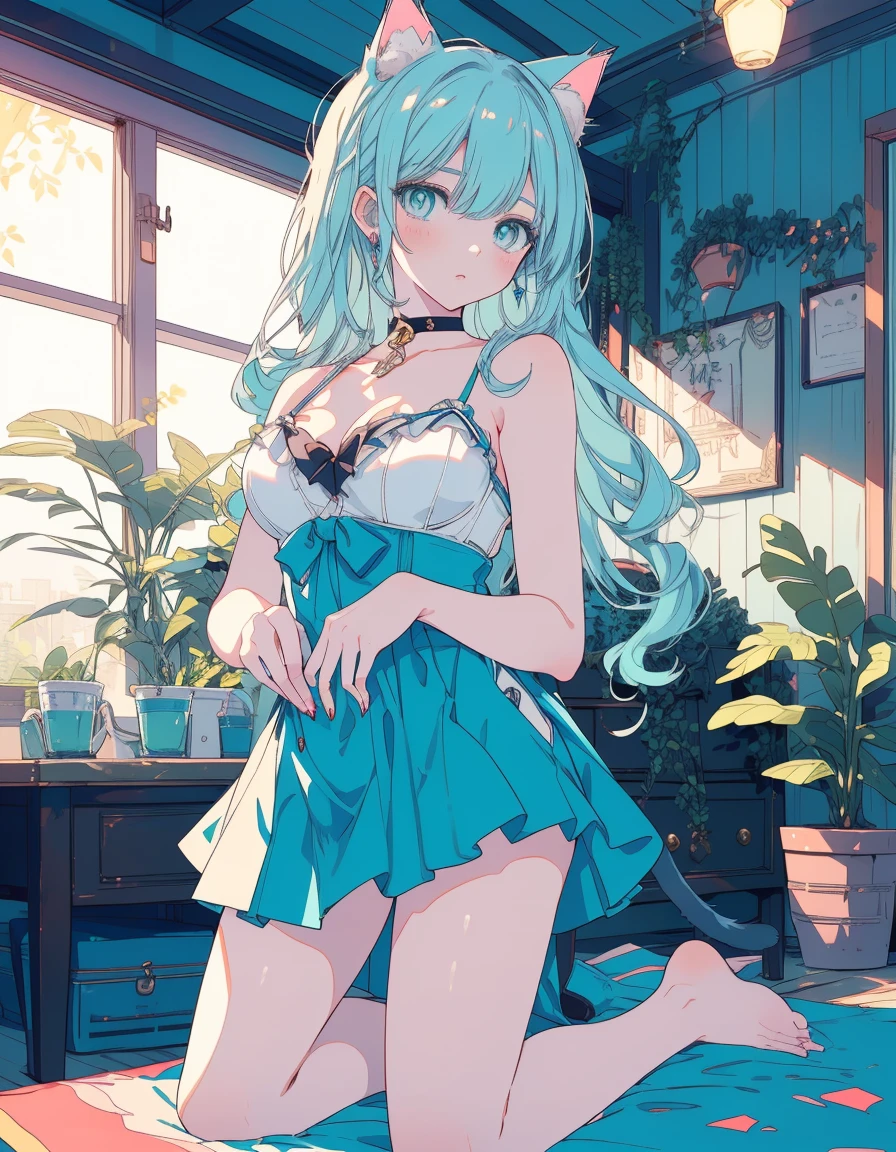 pawpads, bikini, skirt, full body, ((masterpiece, best quality:1.5)), ((Beautiful detailed cat aqua eyes:1.2)), cat ears, pale skin, medium breasts, beautiful hands, beautiful fingers, EasyNegative